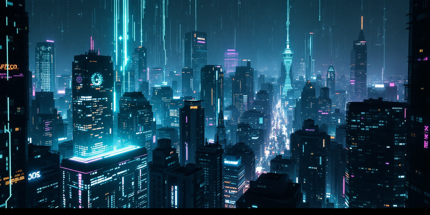 night time city with lines of data and digital communications eminating and connecting  the buildings